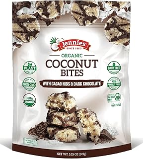 Jennies Organic Coconut Bites with Cacao Nibs and Dark Chocolate, 5.25oz | Gluten Free | Peanut Free | Dairy Free | Non GMO
