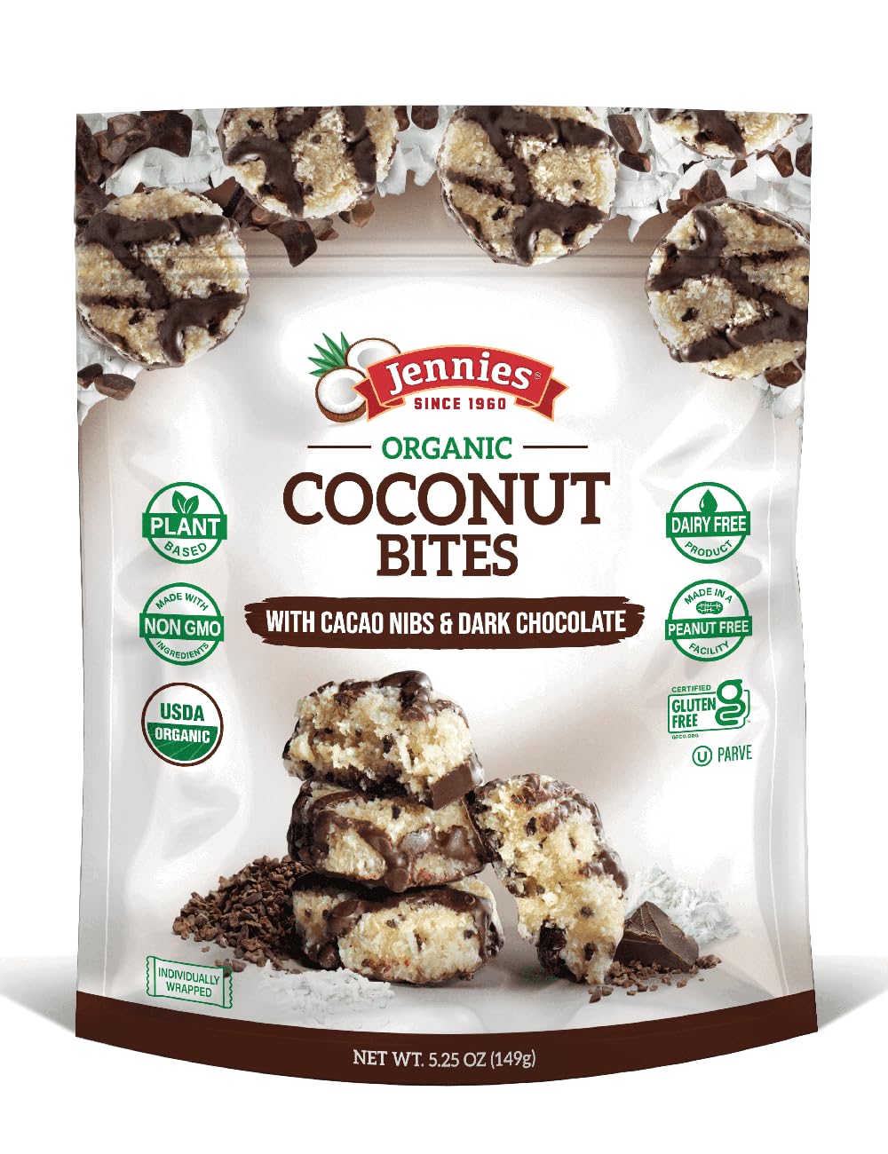 Jennies Organic Coconut Bites with Cacao Nibs and Dark Chocolate, 5.25oz | Gluten Free | Peanut Free | Dairy Free | Non GMO