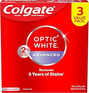 Colgate Optic White Advanced Hydrogen Peroxide Toothpaste, Teeth Whitening Toothpaste Pack, Enamel-Safe Formula, Helps Remove Tea, Coffee, and Wine Stains, Sparkling White, 3 Pack, 3.2 oz