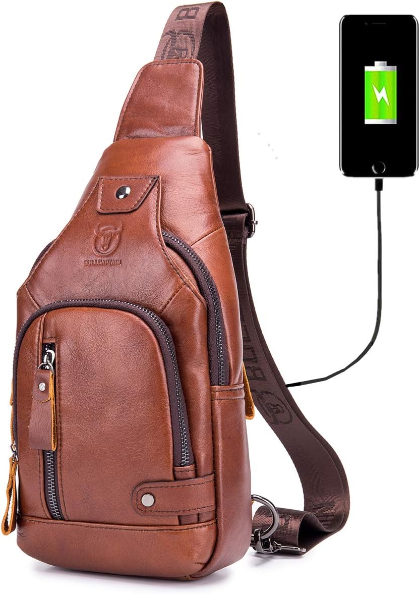 BULLCAPTAIN Genuine Leather Sling Bag with USB Charging Port Multi-pocket Chest Bag for Men Hiking Travel Daypack XB-129