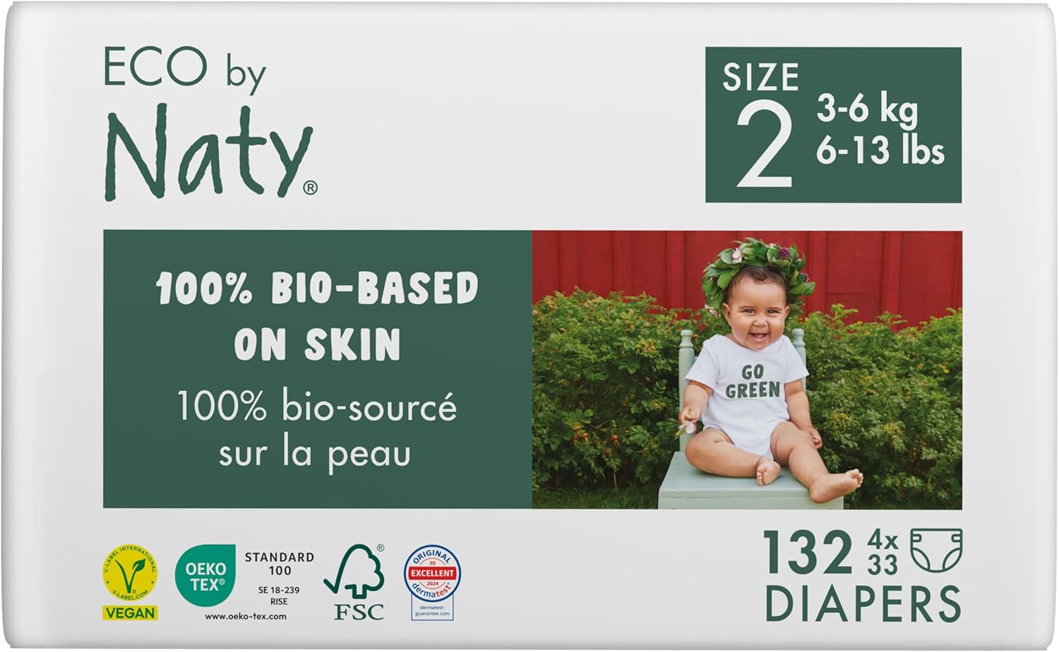 Eco by Naty Eco-Friendly Baby Diapers Newborn - 100% Plant-Based Materials on Skin, Extra Soft, for Sensitive Skin & Super Absorbent (Size 2, 132 Count)