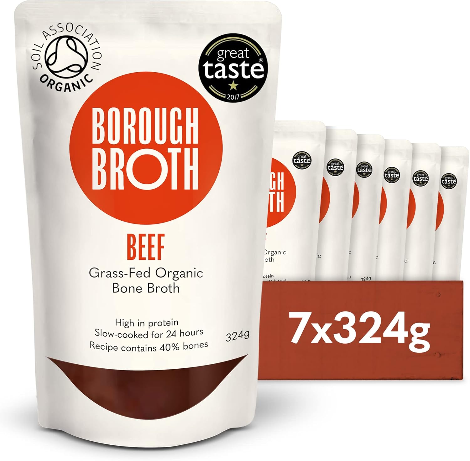 Organic Beef Bone Broth by Borough Broth - High Protein & Collagen, Low Calorie, Low Carb, Gluten-Free & Keto - Chilled Bone Broth - Beef Broth For Soups, Stews & Sauces - Grass-Fed - 7 x 324g