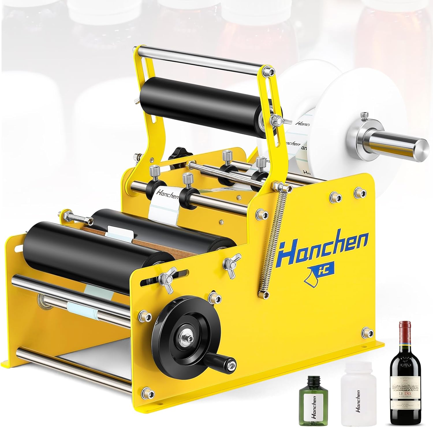 Hanchen Manual Round Bottle Labeling Machine with Comfort Press Handle for Precision & Speed, Adjustable Bottle Labeler Label Applicator Machine for Vial Light Small Bottles Effortless Labeling