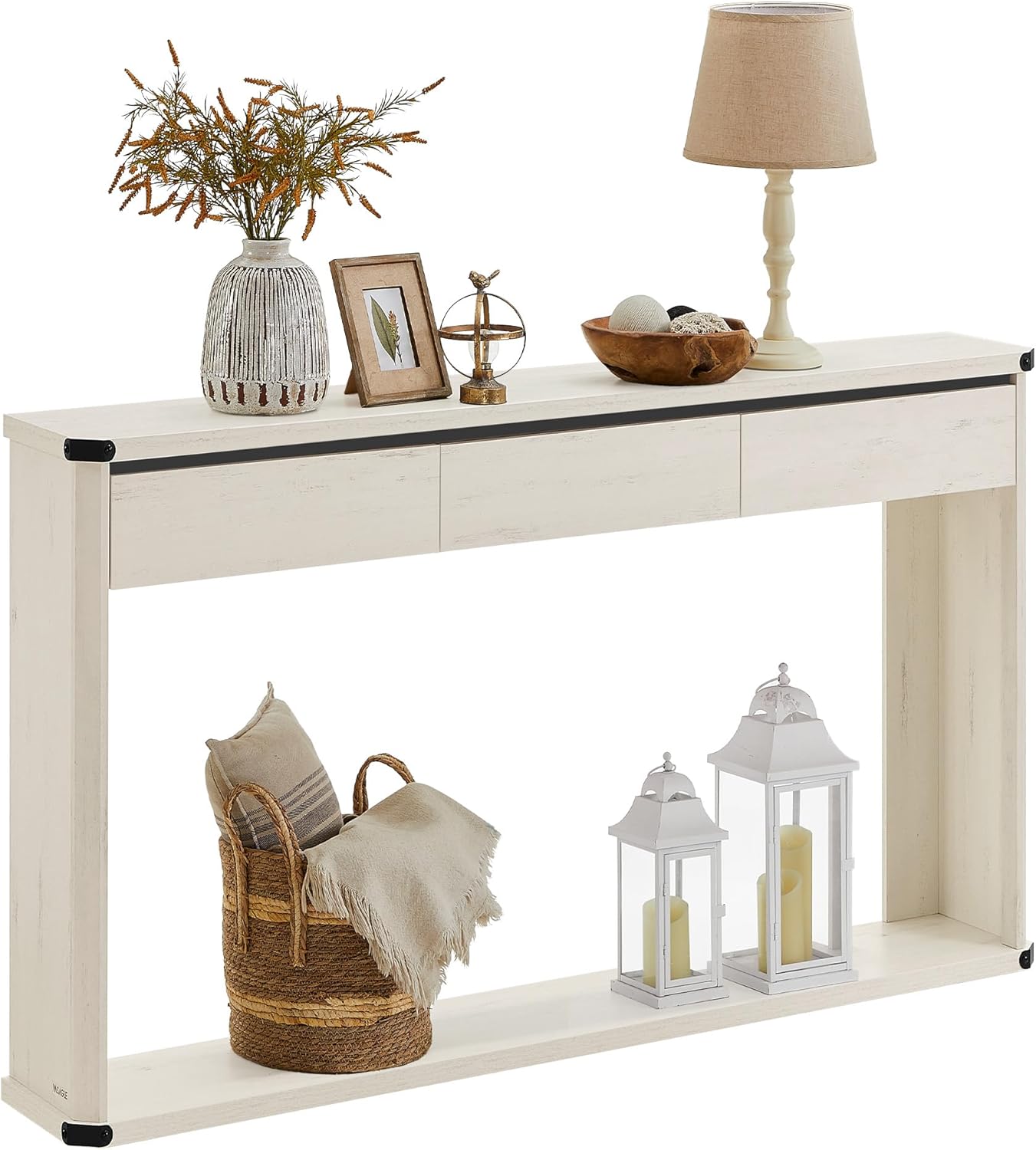 VASAGLE Console Table, 47.2 Inches Sofa Table, Narrow Entryway Table, Entry Table with 3 Drawers, Bottom Shelf, Metal Corners, for Living Room, Bedroom, Farmhouse Style, Rustic White ULNT143W73