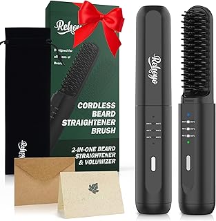 Beard Straightener for Men, REHOYO Portable Cordless Hair Straightener, Anti-Scald Heated Beard Brush, Electric Hot Comb 3 Temp Settings, Ionic Mini Straightener for Home Travel, Gifts for Men Him