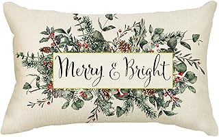AOKE Christmas Merry & Bright Eucalyptus Mistletoe Throw Pillow Cover, 12 x 20 Inch Winter Holiday Decorative Lumbar Pillow Cover Rectangle Cushion Case for Sofa
