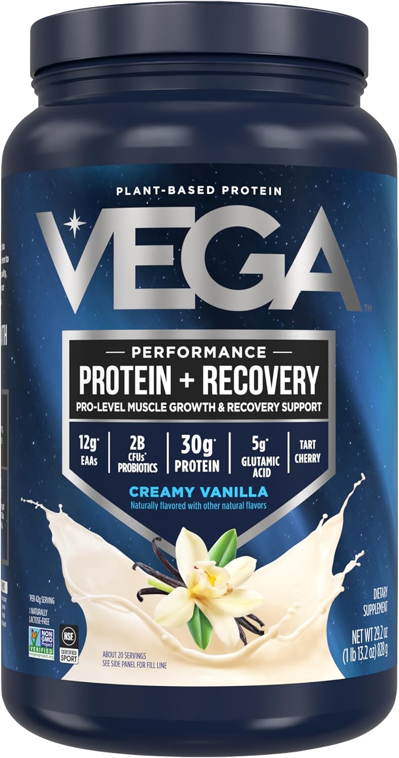 Vega Sport Vegan Protein Powder + Recovery - 30g Plant Based Protein per Serving, Vanilla, 20 Servings, 5g BCAAs, Probiotics, NSF Certified, For Shakes & Smoothies, 1.8lbs (Packaging May Vary)