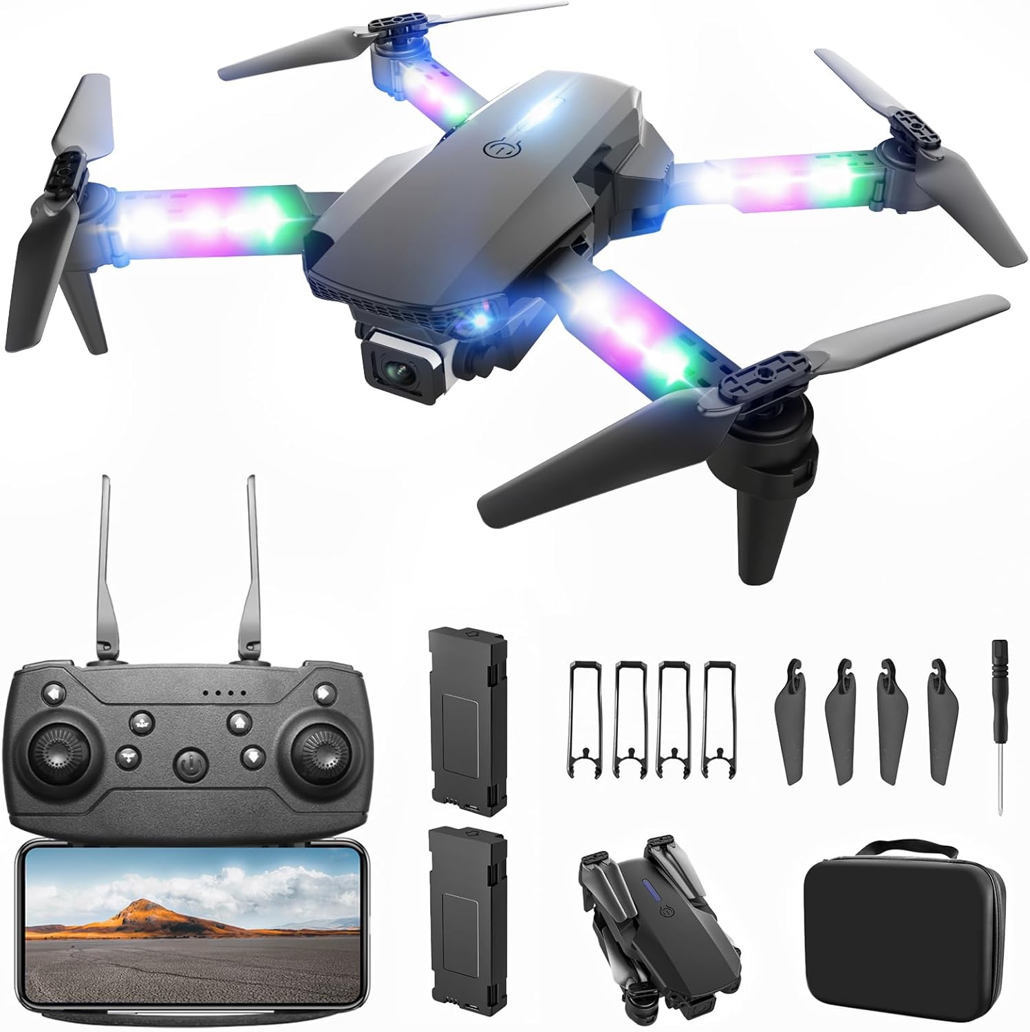 BEZGAR Drone with Camera for KIds - 1080P HD FPV RC Quadcopter with 90° Adjustable Lens, Coloeful LED Lights, Gestures Selfie, One Key Start, 360° Flips, Toys Gifts Mini Drones for Boys Girls, Black