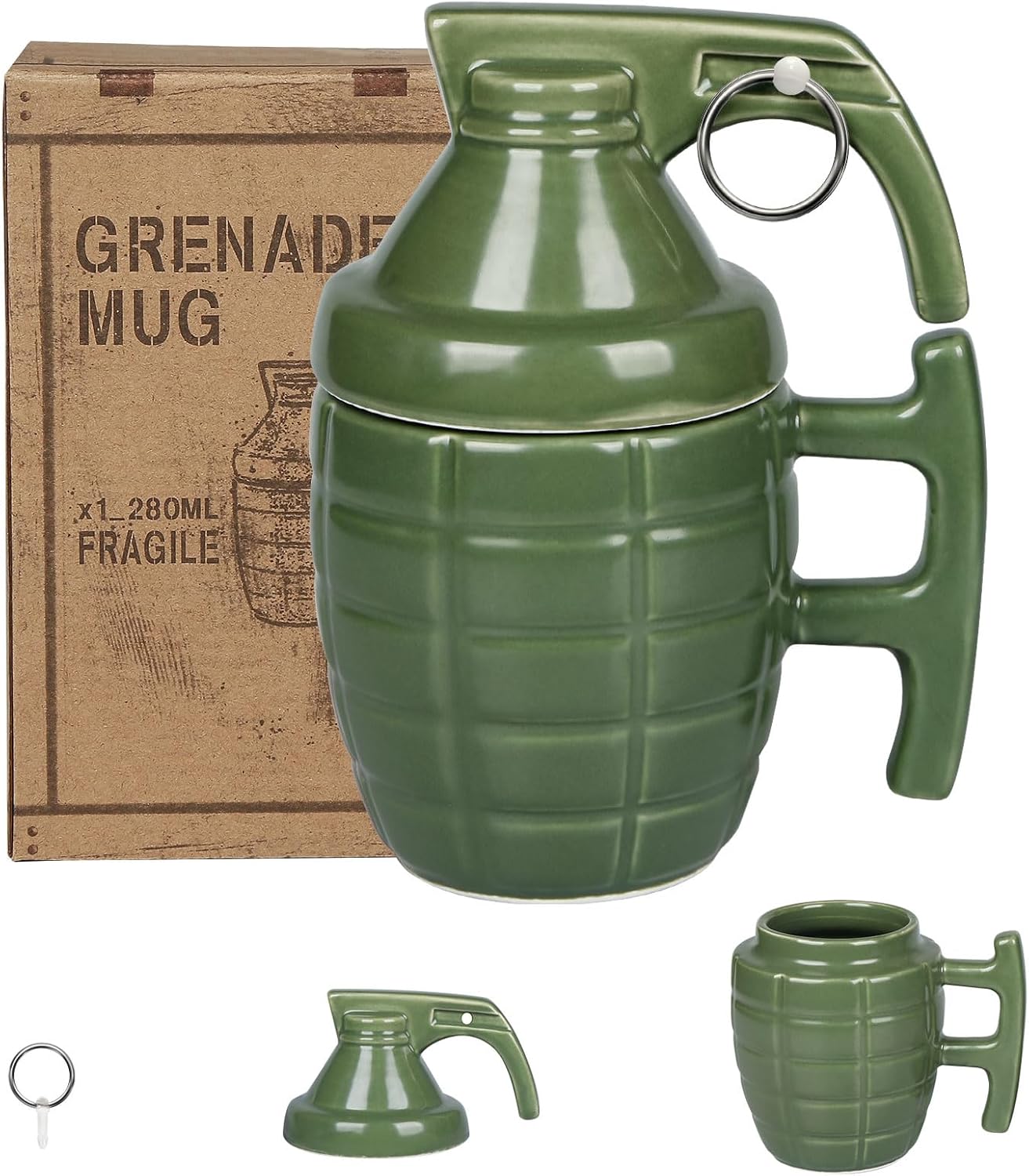 loobuu Fashion Ceramic Coffee Tea Cup, Special Cool Coffee Mug 3D Cool Grenade Design Durable Coffee Tea Cup Attractive Mugs Personalized Porcelain Gifts for Men Women - 9.4 OZ (Grenade) Green