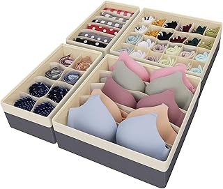Drawer Organizer Divider, Foldable Closet Storage Organizer Basket, and Fabric Organization Bins for Clothes, Socks, Underwear, Bras, Ties, Accessories, 4 Pcs (Beige & Dark Grey)