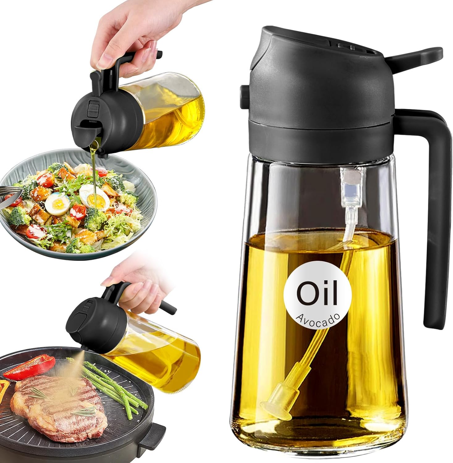 YRRAMATE 16oz/470ml Glass Olive Oil Sprayer for Cooking with Stickers, 2 in 1 Oil Dispenser for Kitchen Gadgets, Food Grade Premium Spray Bottle with Portion Control for Salad, Frying, BBQ (Black)