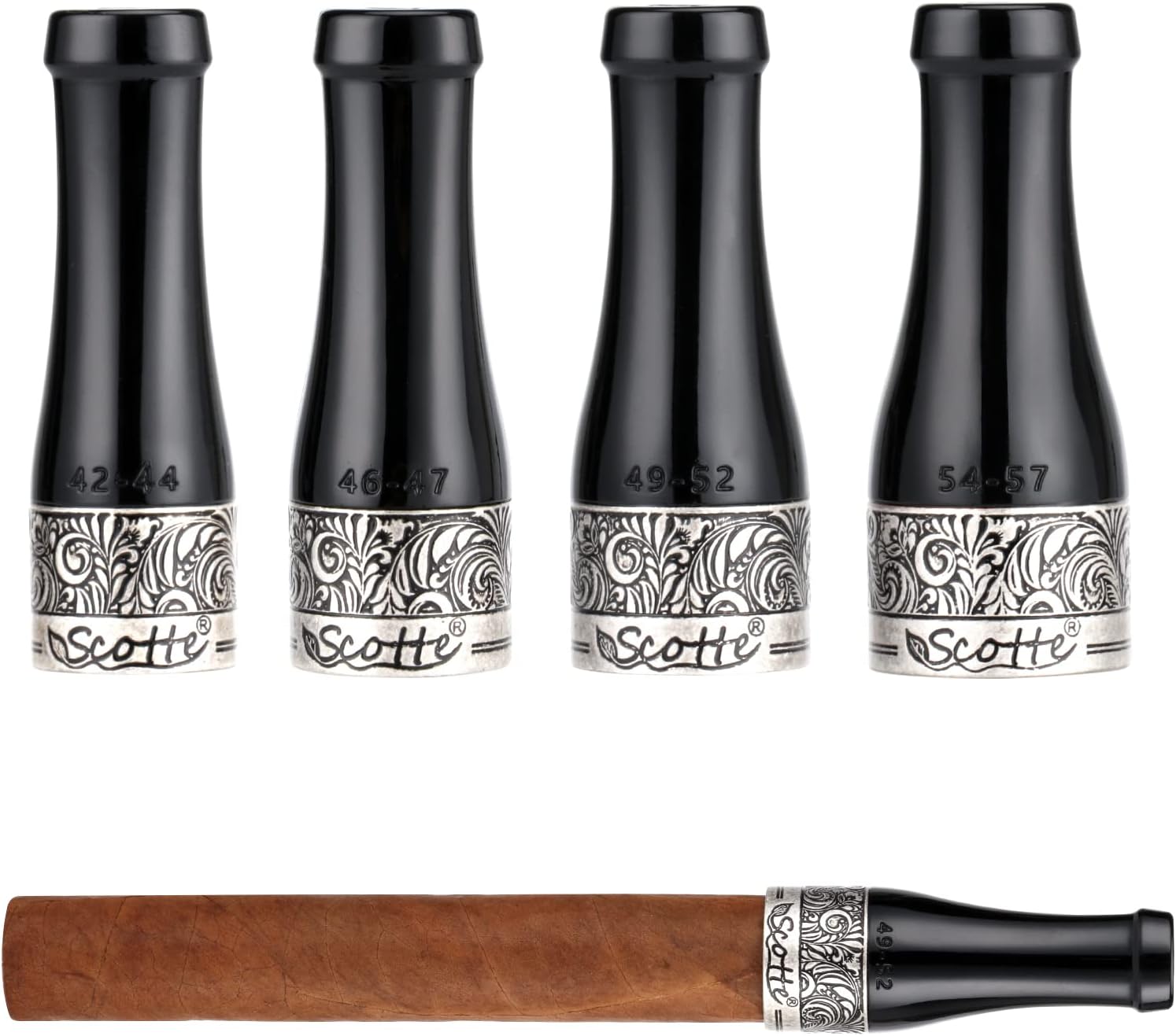 Scotte Cigar Mouthpiece for Men and Women Portable 4 Size Cigar Holder Set with Gift Box (Black and Silver)