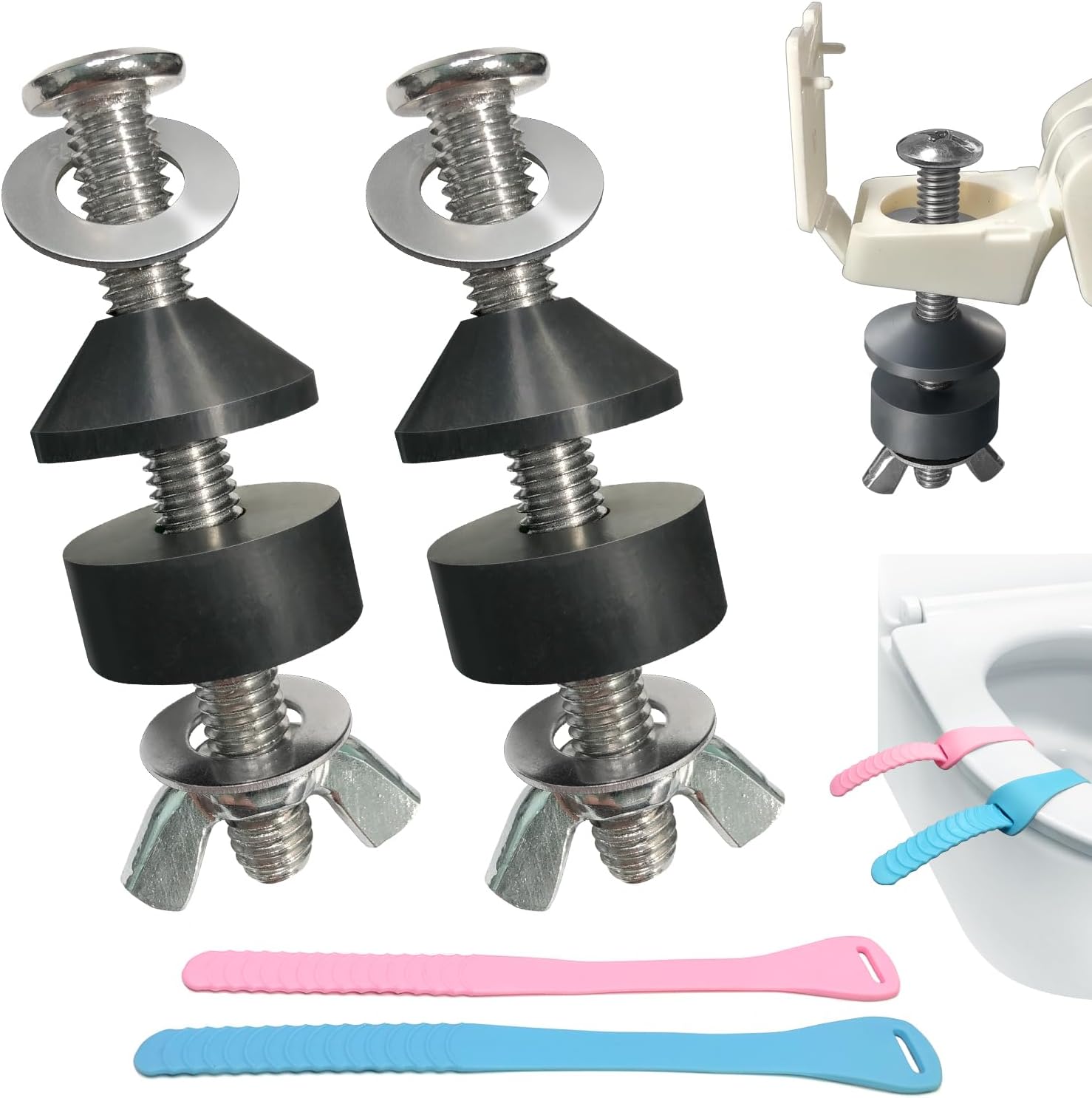 Toilet Seat Screws Replacement Kit, Toilet Seat Bolts Replacement Kit, Metal Toilet Seat Fastener with Toilet Seat Lifter Tab, Toilet Hardware Replacement for Top Mount Toilet Seat Hinges (2 Pack)