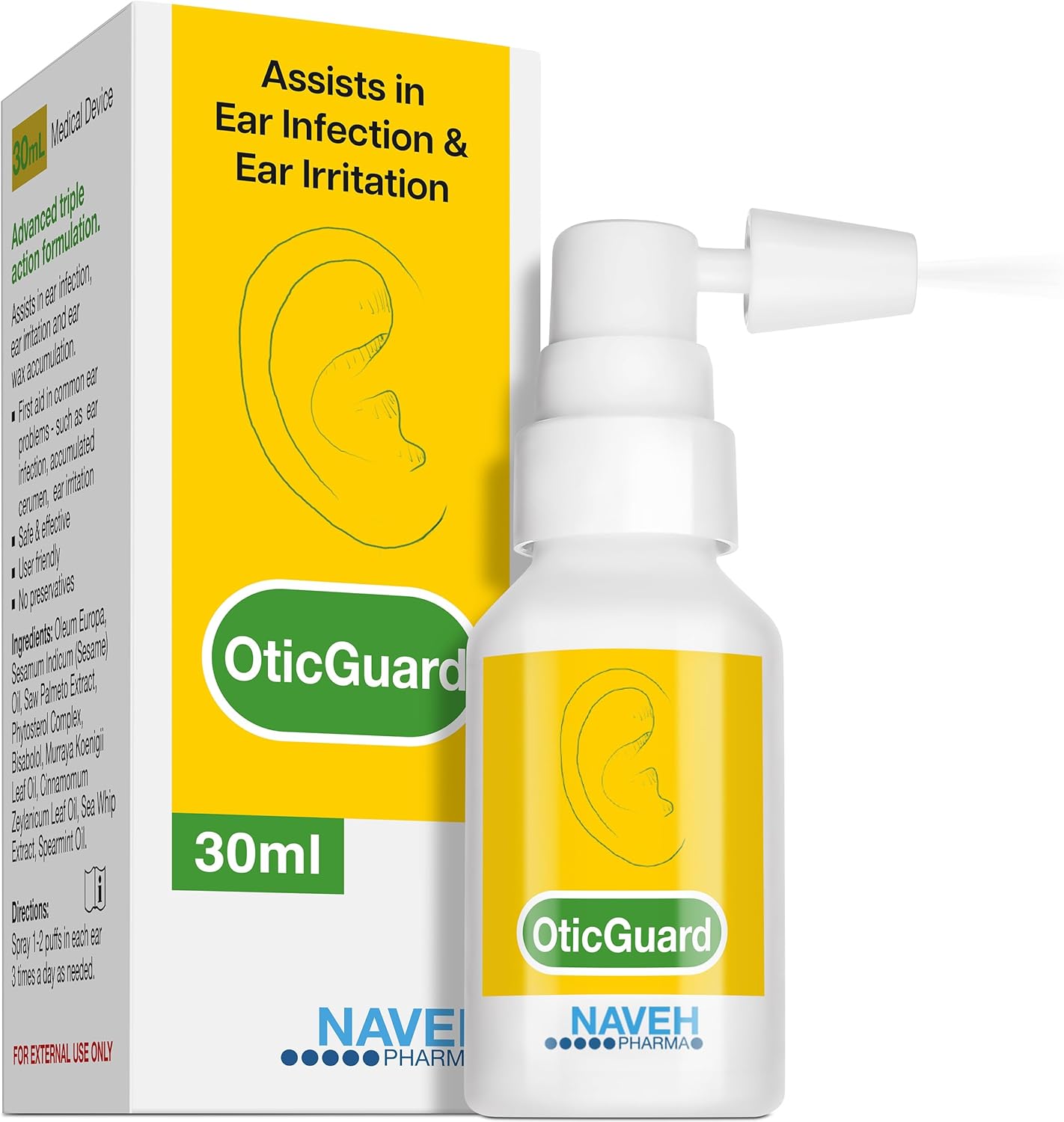 NAVEH PHARMA Otic Guard - Natural Ear Spray Drops | Organic Herbal Sweet Oil Blend 3 in 1| Itchy Ear, Swimmer's Ear, & Ear Wax Removal | Clogged Ears | 1 Fl Oz