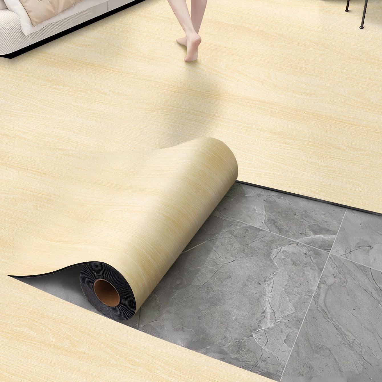 Luxury Thicken Wood Grain Peel and Stick Floor Tiles Self-Adhesive Vinyl Flooring Roll-DIY Easy for Wall and Floor,Hard Surface/Waterproof/Anti Slip (Raw Wood Color, 17.72 "W x 118" L)