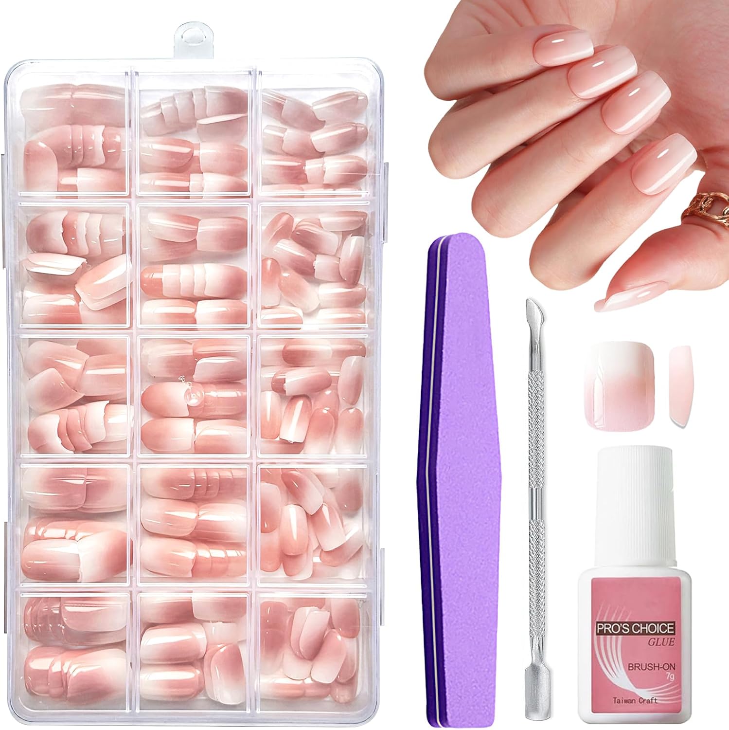 Press On Nails French Tip - 240Pcs Peach Gradient Short Square French False Nails Kit - Glossy Full Cover Stick On Nail - Acrylic Fake Nails for Nail Art DIY 15 Sizes