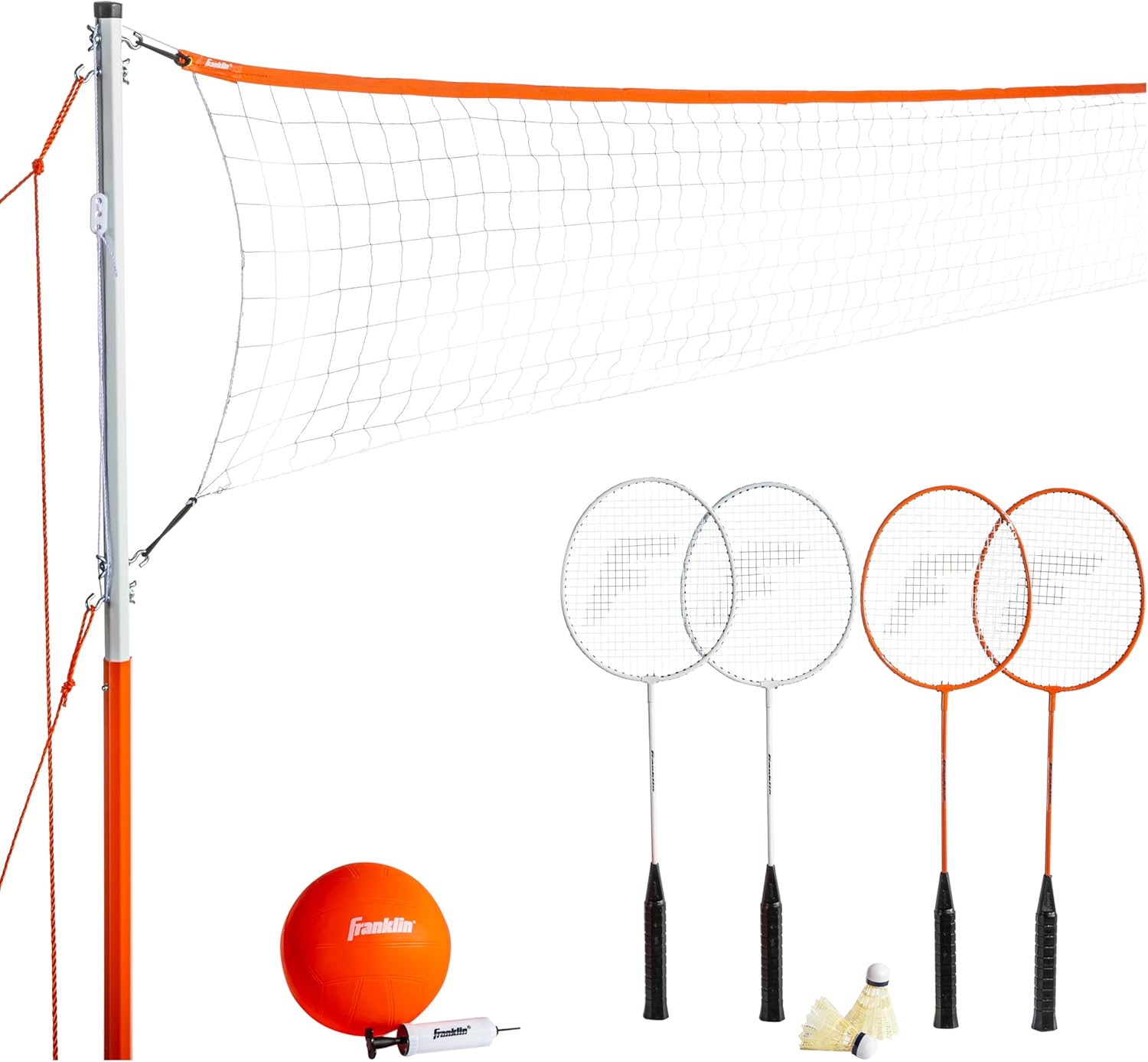 Franklin Sports Volleyball + Badminton Combo Sets - Backyard + Beach Outdoor Volleyball + Badminton Net Set - Portable Badminton + Volleyball Net with Poles - Volleyball, Rackets + Birdies Included
