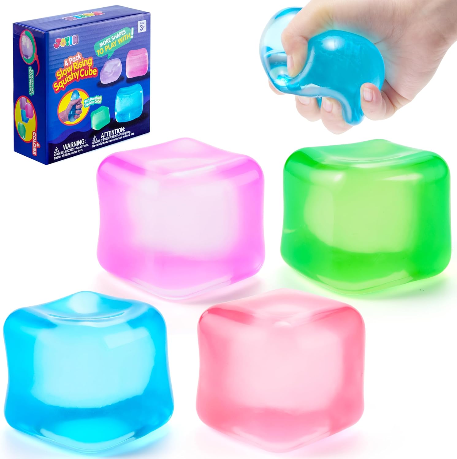 JOYIN 4 Pack Clear Stress Cube, 2'' High Density Cube Toy, Slow Rising Sensory Squishy Toys for Adults, Birthday Gifts, Party Favors, Classroom Prizes