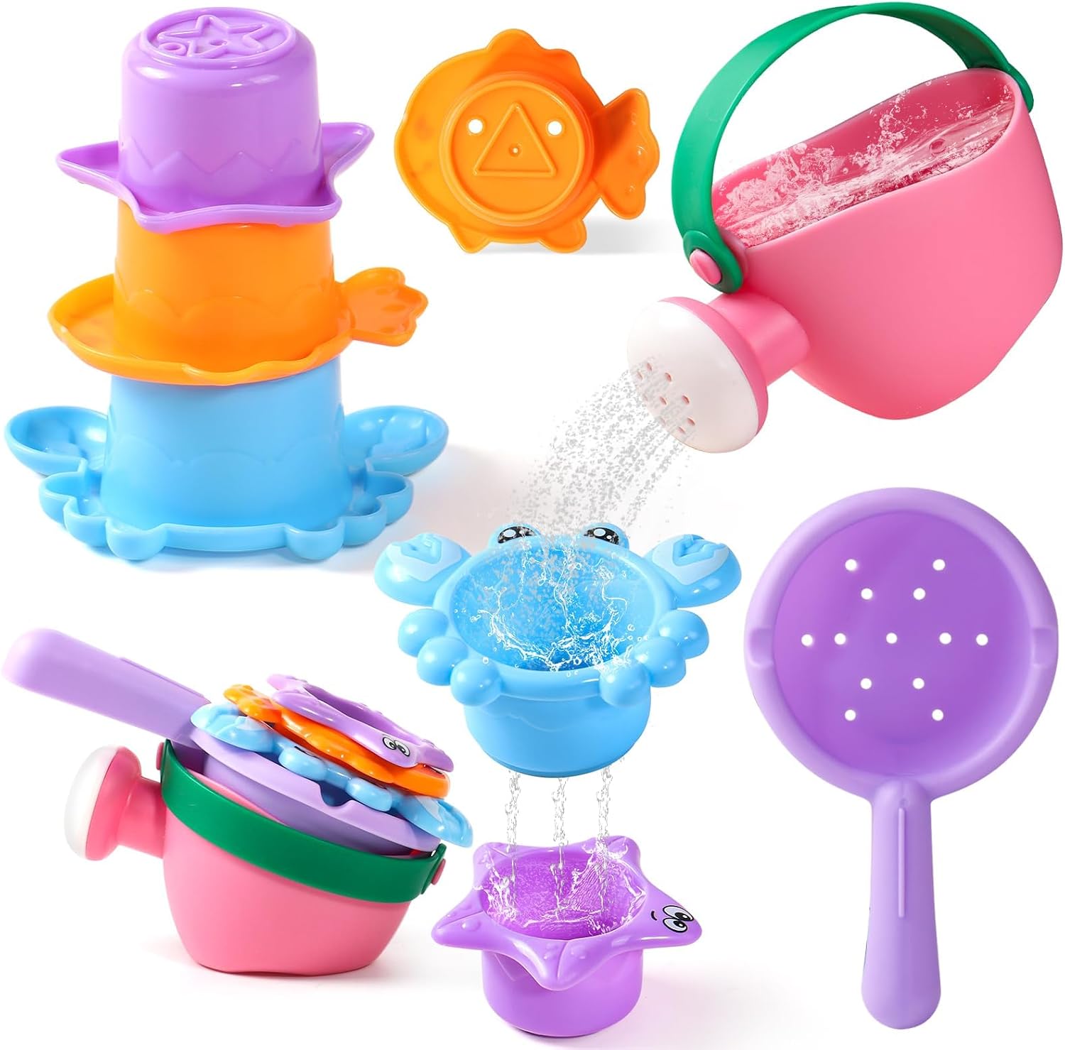 Baby Bath Toys for Toddlers Age 1-3. Stack, Scoop and Pour Bath Set 5PCS