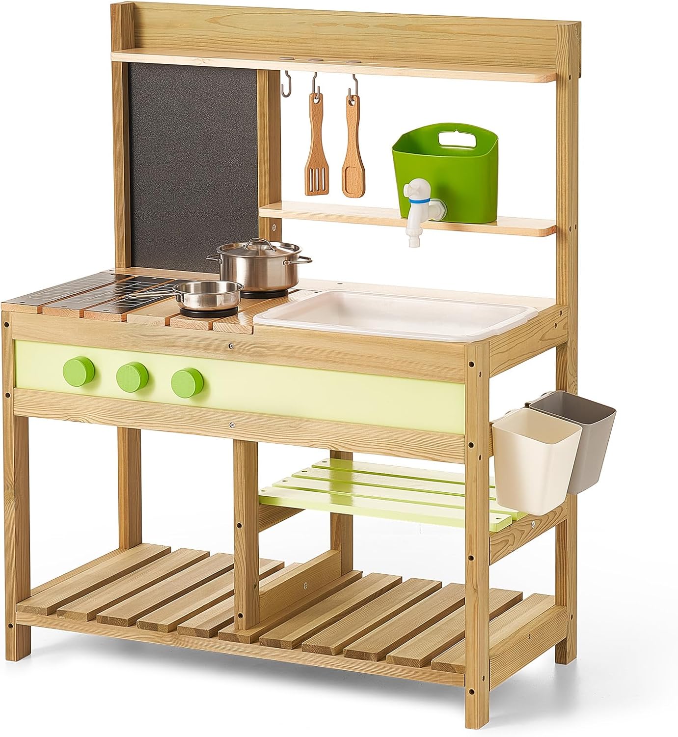 Giant bean Mud Kitchen Playset for Kids, Deluxe Wooden Toy Play Kitchen Set for Boys and Girls Ages 3-8 Indoor & Outdoor Activities, with Water Sink, Cookware Pots and Kitchen Accessories