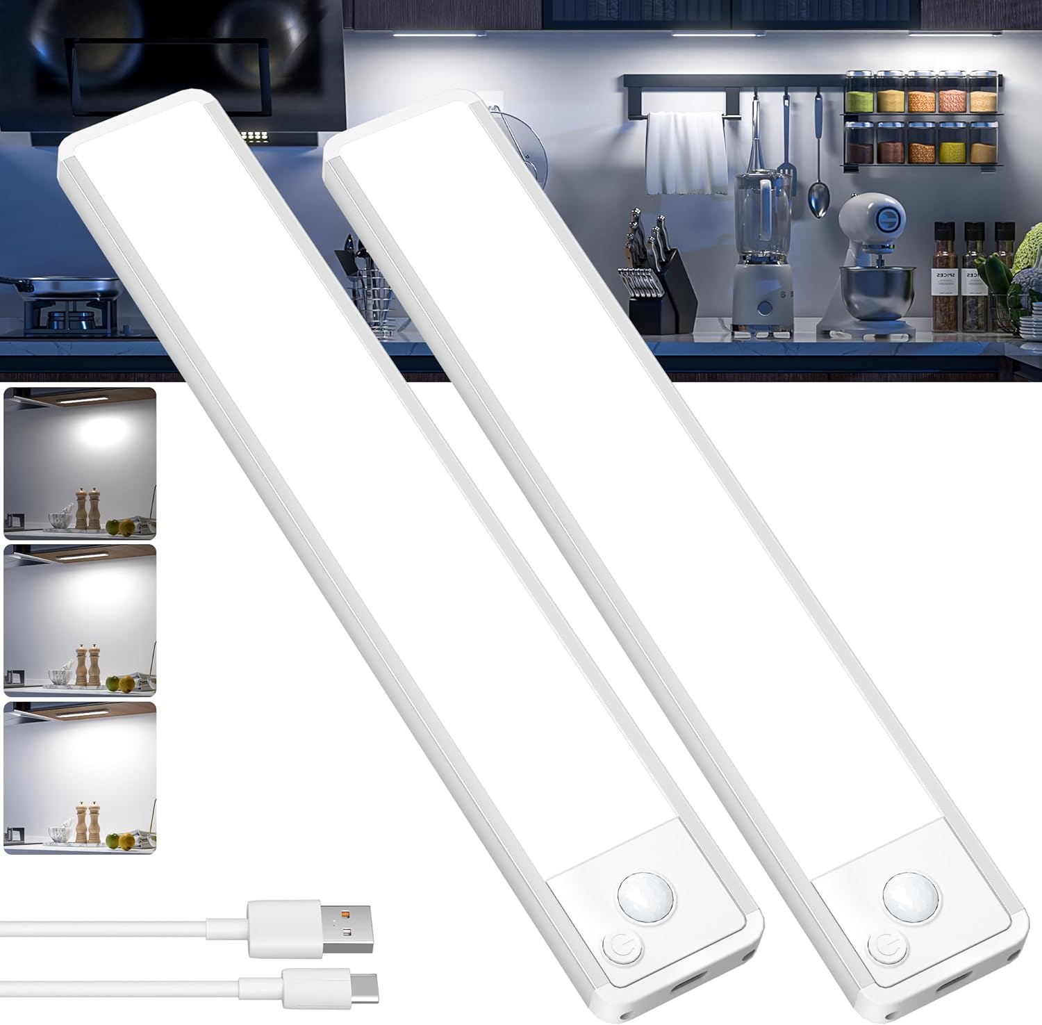 Under Cabinet Kitchen Lights LED - Cupboard Light Motion Sensor Indoor Rechargeable Strip Wireless USB Powered Magneti Battery Operated for Stairs Wardrobe Hallway Garage Bed