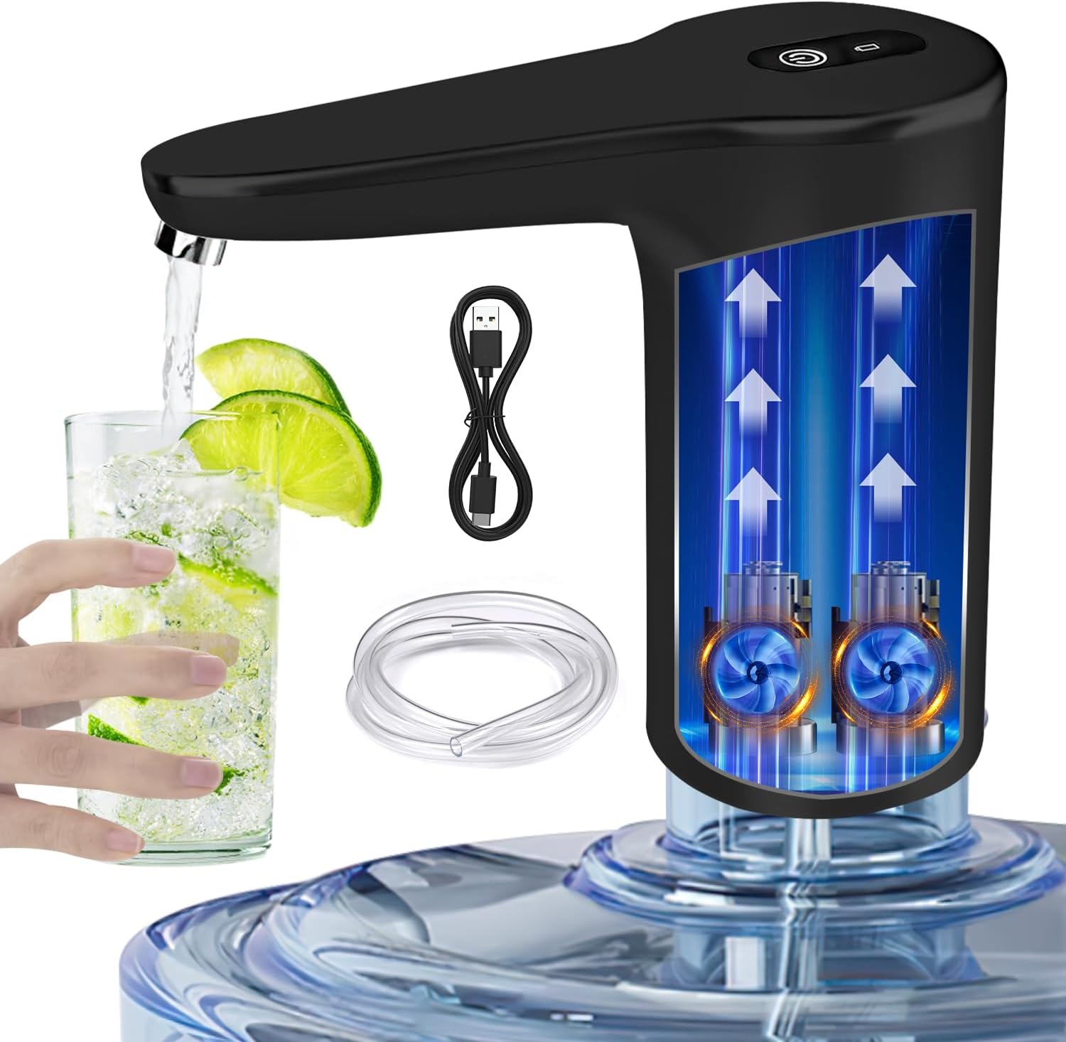 VINMEN Water Dispenser for 5 Gallon Bottle, USB Charging Electric Water Pump for 2-5 Gallon, Portable for Home, Kitchen, and Camping - Black Digital AM