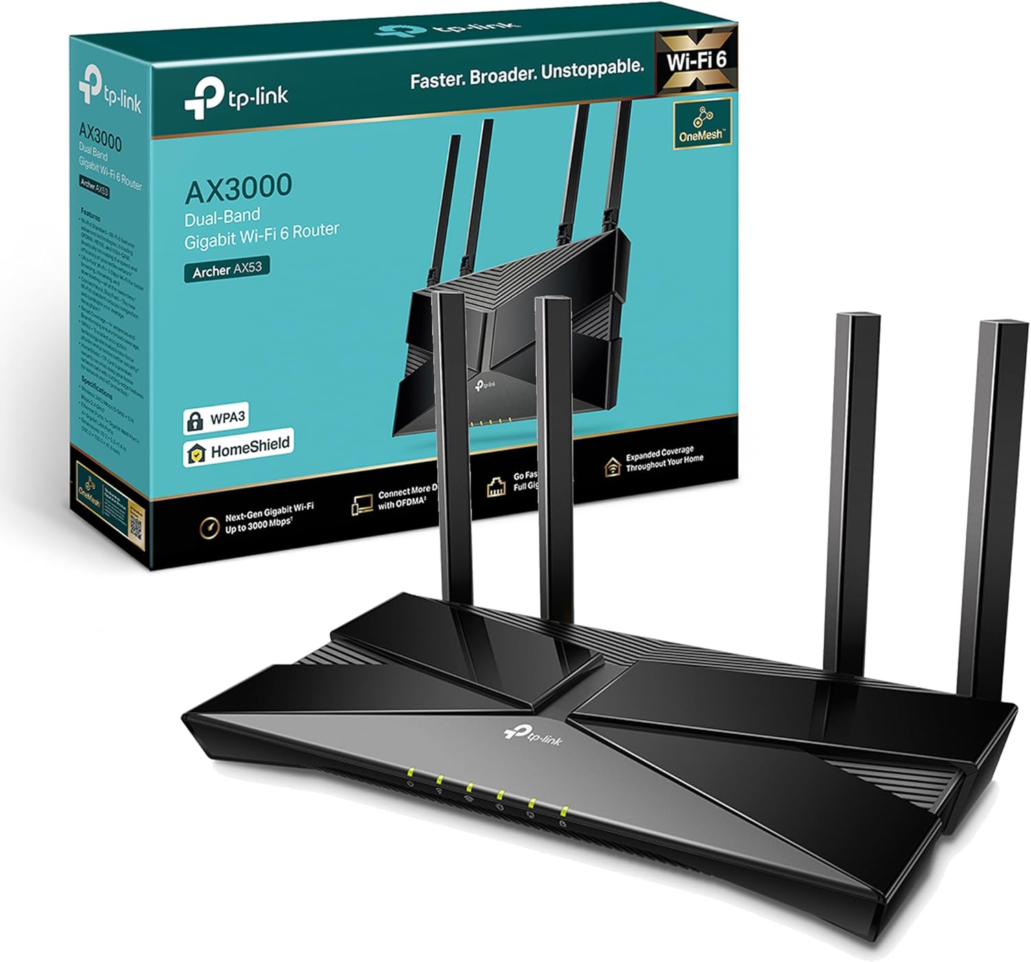 TP-Link Archer AX53 AX3000Mbps Dual-Band WiFi 6 Router, Fast Full Gigabit Ports, Ultra-Low Latency, EasyMesh Compatible, WPA3, Optimal for Gaming, Works with Alexa, Client & Server VPN