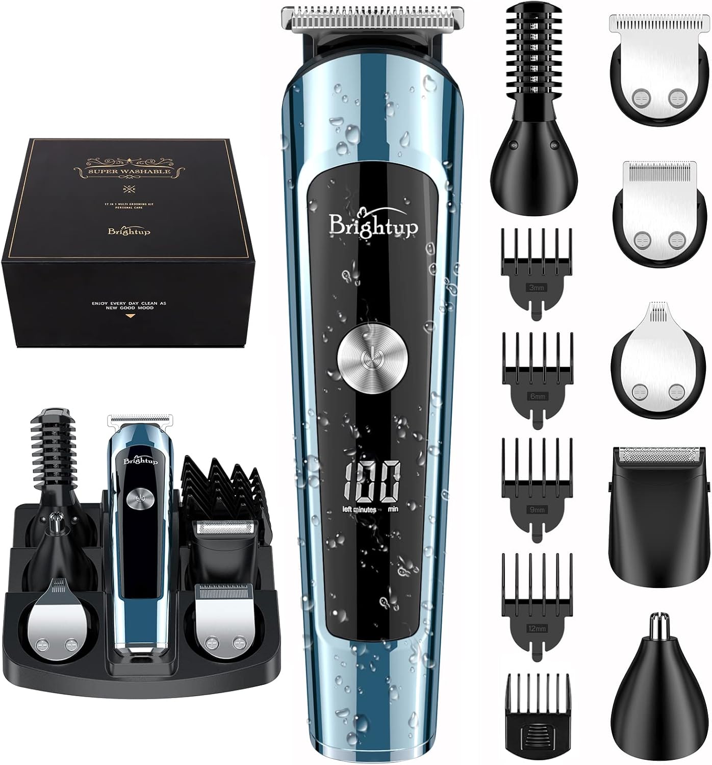 Brightup Beard Trimmer for Men, IPX7 Waterproof Mens Grooming Kit with Cordless Hair Clippers, Electric Razor with LED Display, Shavers for Mustache, Body, Face, Ear, Nose Hair Trimmer, Gifts for Men