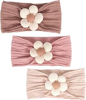 3 Pcs Baby Flower Headbands Baby Girls Nylon Headbands Soft Hairbands Hair Accessories for Newborn Infant Toddler Kids (Beige Pink Khaki)