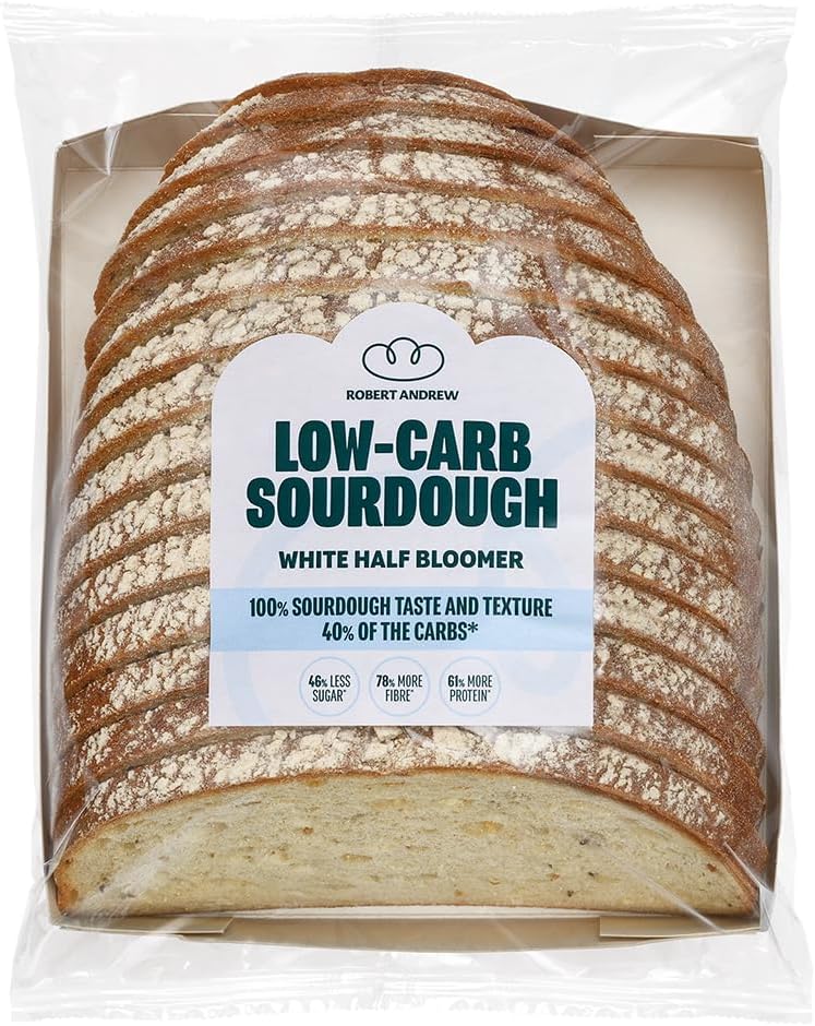 Robert Andrew Low Carb Sourdough White Bread - 5.7g Carbs, 7g Protein, Sliced High Protein Half Bloomer, Low Calorie Keto Loaf, Low Sugar Ketogenic Diet, Diabetic Food, 82 Calories – 350g