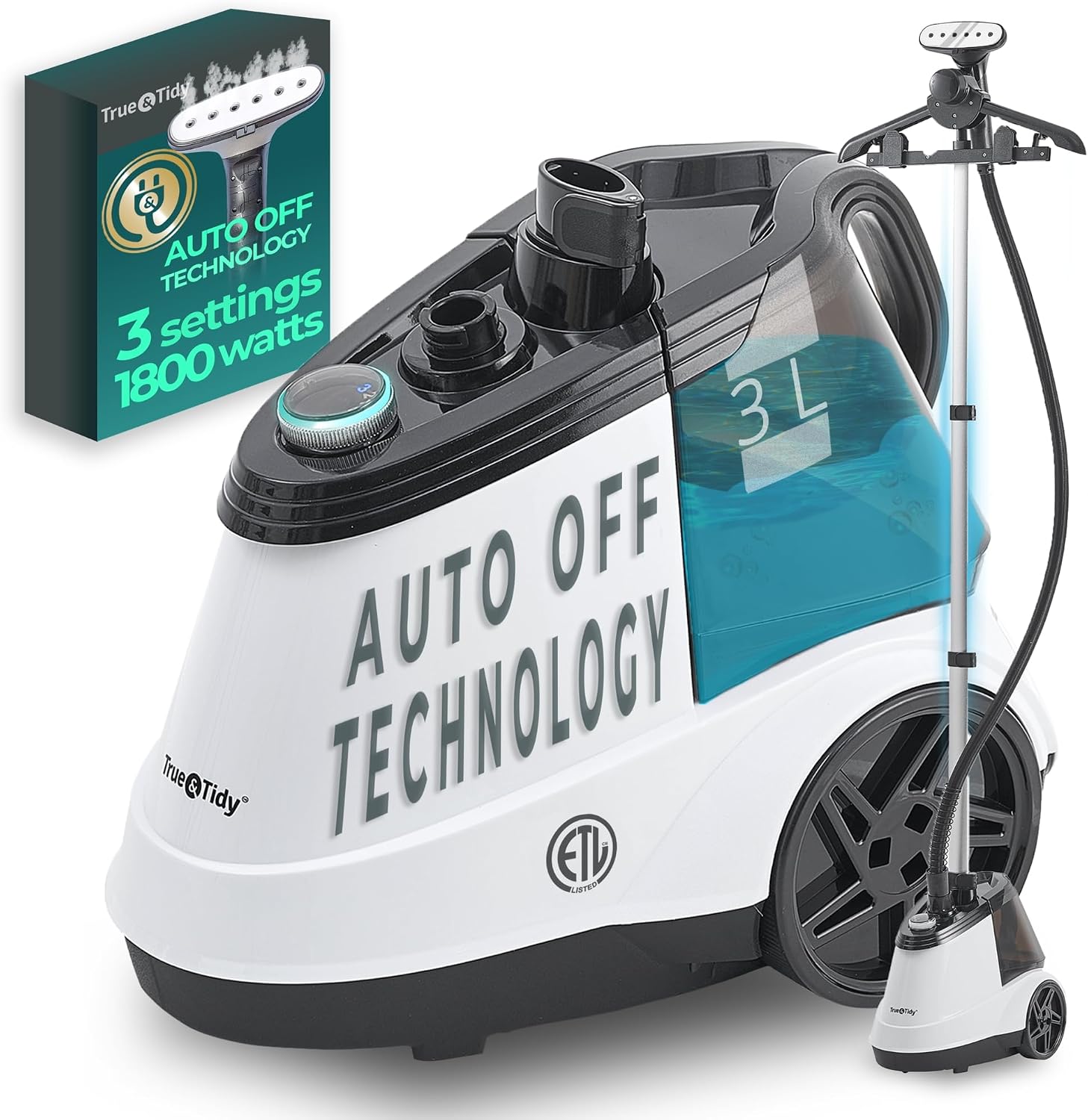 True & Tidy® Commercial Garment Steamer – Heavy Duty 1800W for Home & Commercial Use, 90+ Min Continuous Steam, Large 3L Tank, Wheels, Smart Auto-off Safety