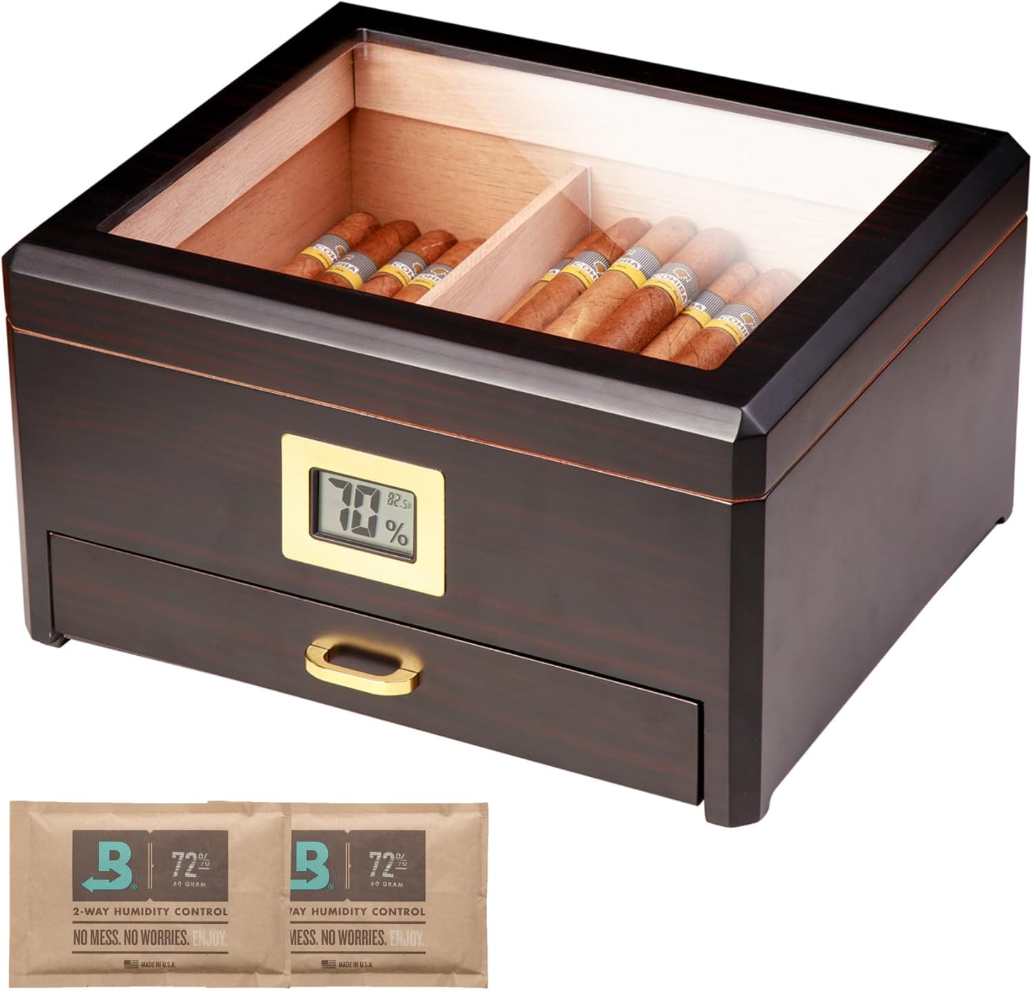 Woodronic Cigar Humidor for 50 Counts with Boveda 72% Humidity Packs, Accessory Drawer, Digital Hygrometer, Spanish Cedar Lining and Divider, Desktop Cigar Box Gift for Men