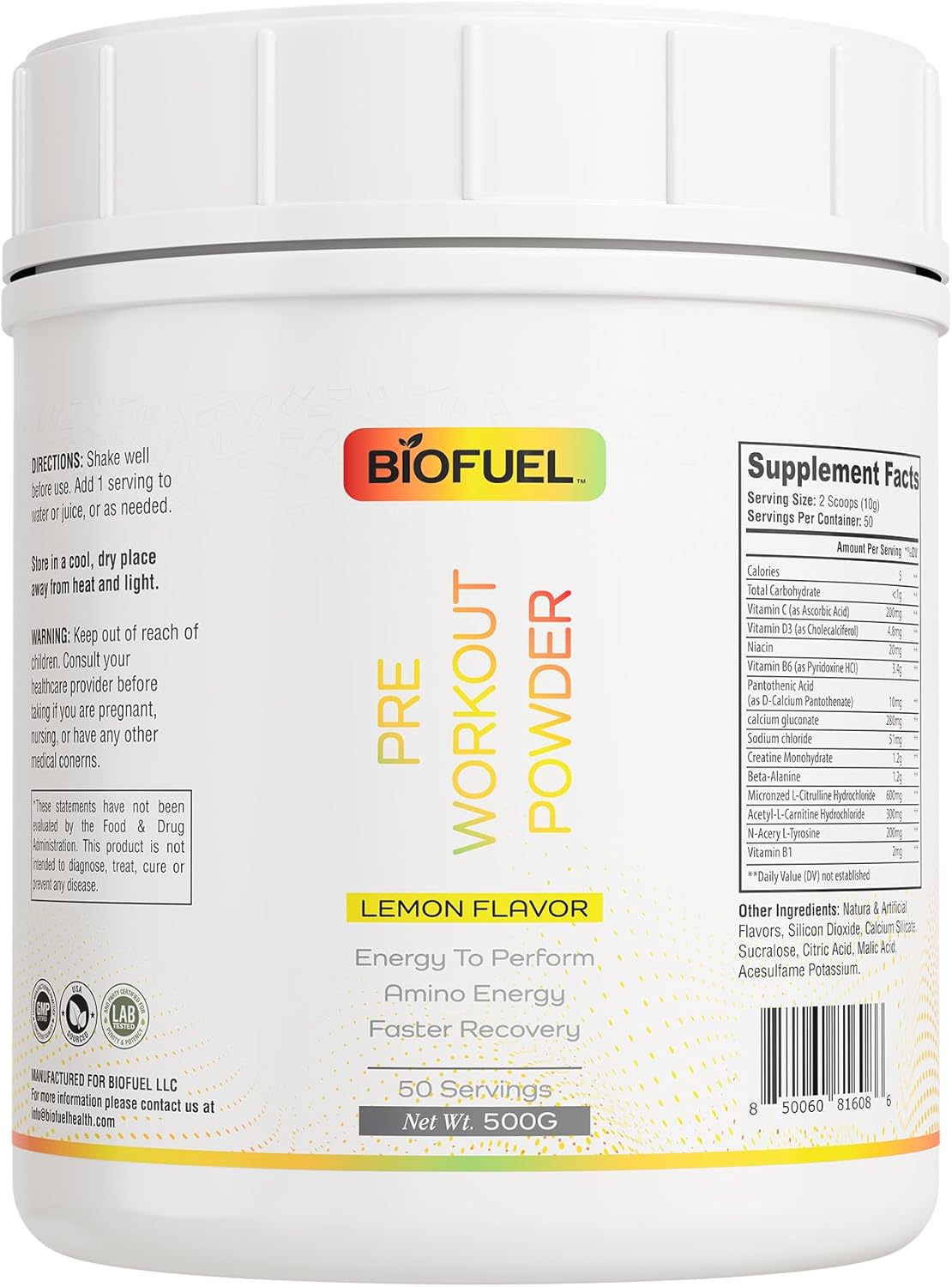 Biofuel Pre-Workout Powder – Enhances Amino Energy, Workout Performance, and Recovery – Natural Lemon Flavor, 500g, 50 Servings