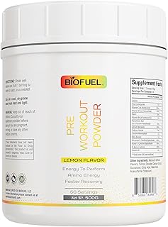 Biofuel Pre-Workout Powder – Enhances Amino Energy, Workout Performance, and Recovery – Natural Lemon Flavor, 500g, 50 Servings