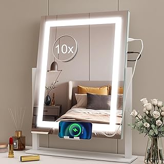 Lighted Makeup Mirror, Vanity Mirror with Lights, 16" x 12" Hollywood Vanity Mirror, LED Make Up Mirror with Detachable 10x Magnifier, 3 Color Lights, Smart Touch, 360° Rotation, (White)