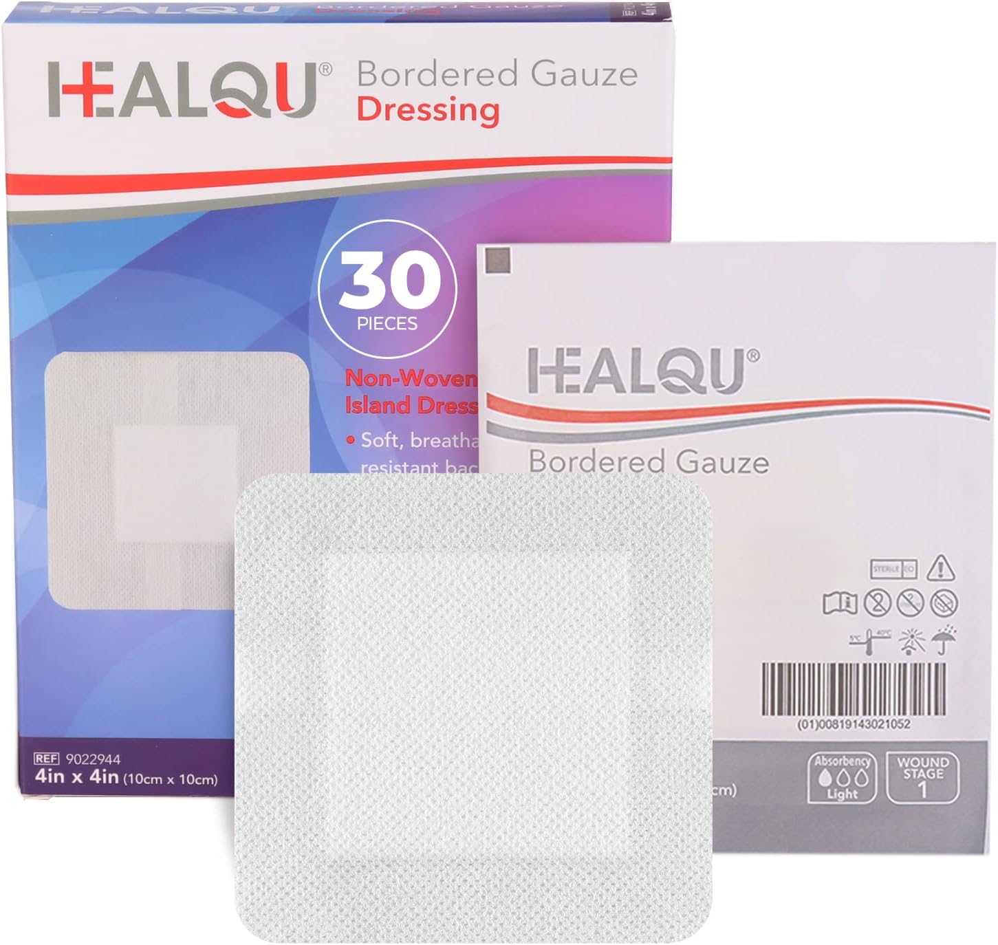 HEALQU Island Dressing - 4"x4", 30 Count - Bordered Gauze Sterile Individually Wrapped Gauze Pads, Water-Resistant, Non-Woven Backing - Soft and Breathable Wound Dressing for First Aid and Medical