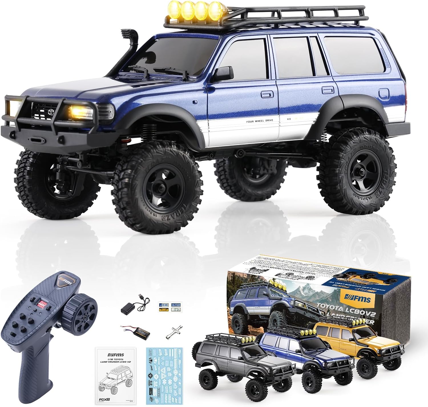 FMS 1/18 FCX18S Toyota Land Cruiser LC80 S Officially Licensed RC Crawler, 4WD RC Rock Truck, 2.4Ghz with 900mAh Battery&LED Lights, Hobby Grade Off-Road RC truck, Remote Control Car for Adults Blue
