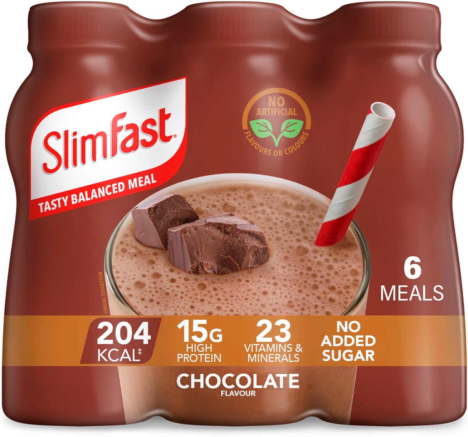 SlimFast Ready To Drink Shake, Tasty, Balanced Shake with Vitamins and Minerals, No Sugar, Chocolate Flavour, 6 x 325 ml Multipack