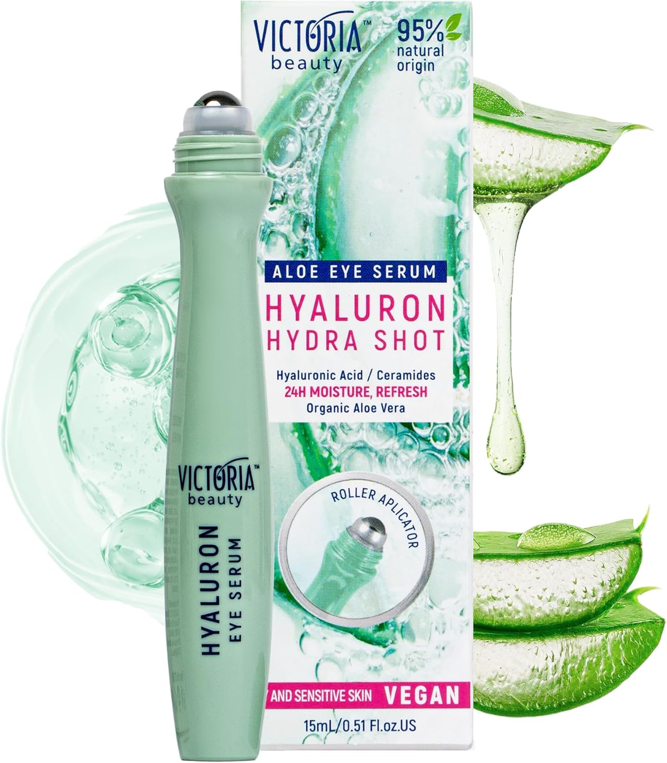 Victoria Beauty Eye Serum Roller with Niacinamide, Hyaluronic Acid, Polyglutamic Acid and Aloe - for Dark Circles, Puffy Eyes, Eye Bags and Wrinkles - 95% Natural, 15ml