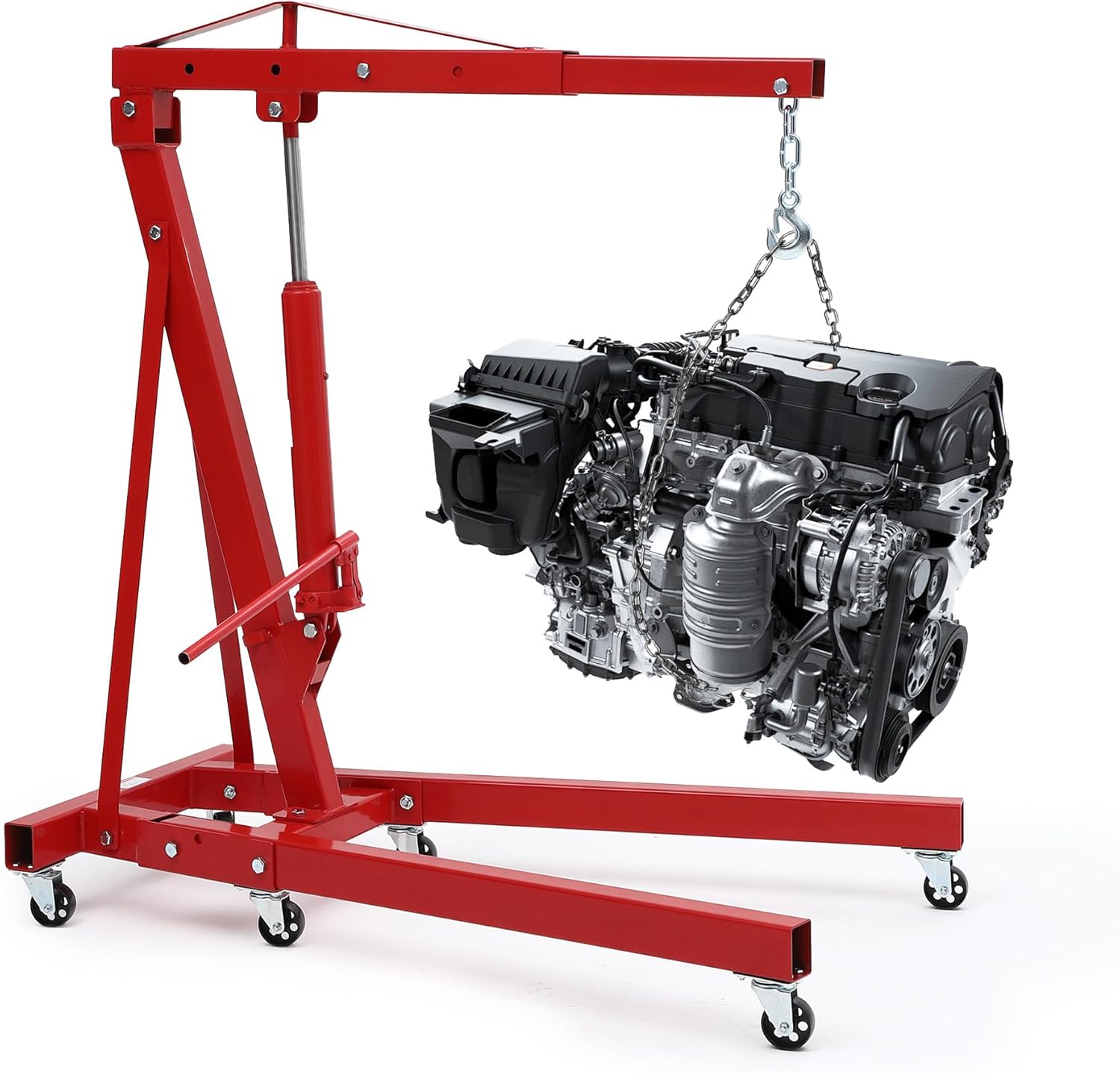 2 Ton Engine Hoist, 4400Lbs Heavy Duty Folding Cherry Picker Engine Lift with 6 Casters, Hydraulic Shop Crane Lifter Cherry Picker for Garage, Workshop, Factory, Red