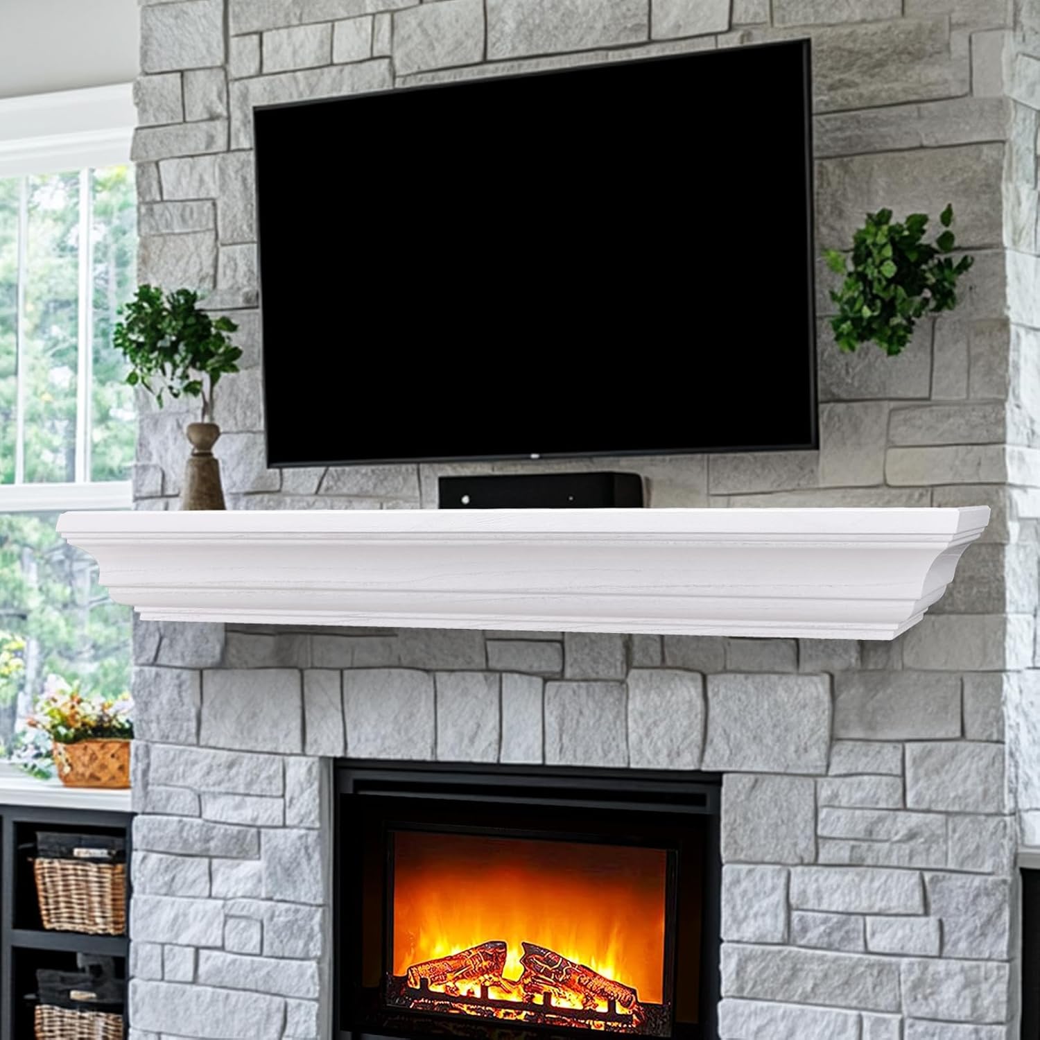 Rustic Fireplace Mantel Shelf, 60" Wooden Floating Shelf for Over Fireplace, Wall Mounted Fire Place Mantel, Farmhouse Hanging Floating Shelves, White