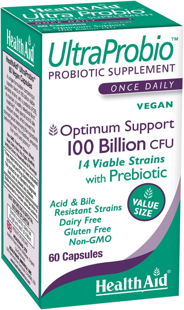 UltraProbio, 100 Billion 60ct Once Daily Capsules, Optimum Support 100 Billion with Prebiotic, Acid & Bile Resistant, Dairy & Gluten Free, Non-GMO, Vegan, 14 Viable Strins.