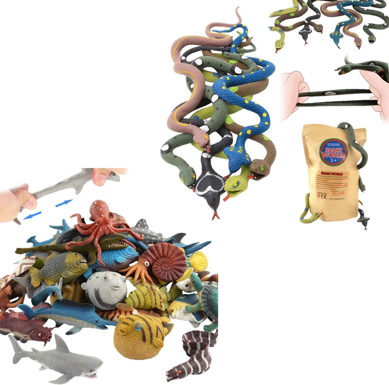 6 Pcs 14-inch Snake and 18 Pcs Mini Ocean Animal Rubber Toy Set
