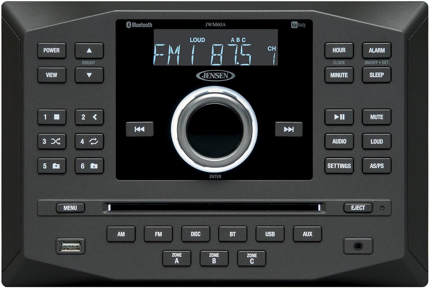 Jensen JWM62A AM|FM|DVD|CD|USB|AUX|App Ready Bluetooth Wallmount Stereo w/ App Control, 3-Speaker Zones / 8 Speaker Output 8X 6 Watt, Receives Bluetooth Audio (A2DP) & Controls (AVRCP) from Devices