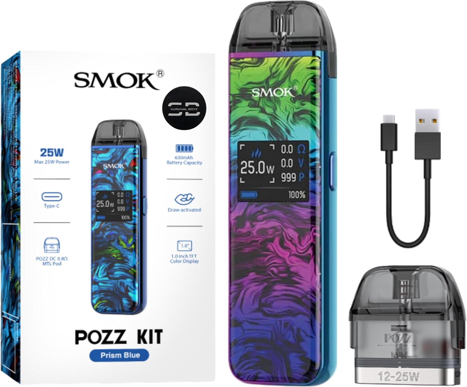 Smok Pozz Vape Kit [Prism Rainbow] - Available in 6 colours - Type-C Fast Charging, 630mAh Battery, 25W, 1.0" TFT Colour, Draw Activated - Compatible with Smok Pozz Pod - No Nicotine