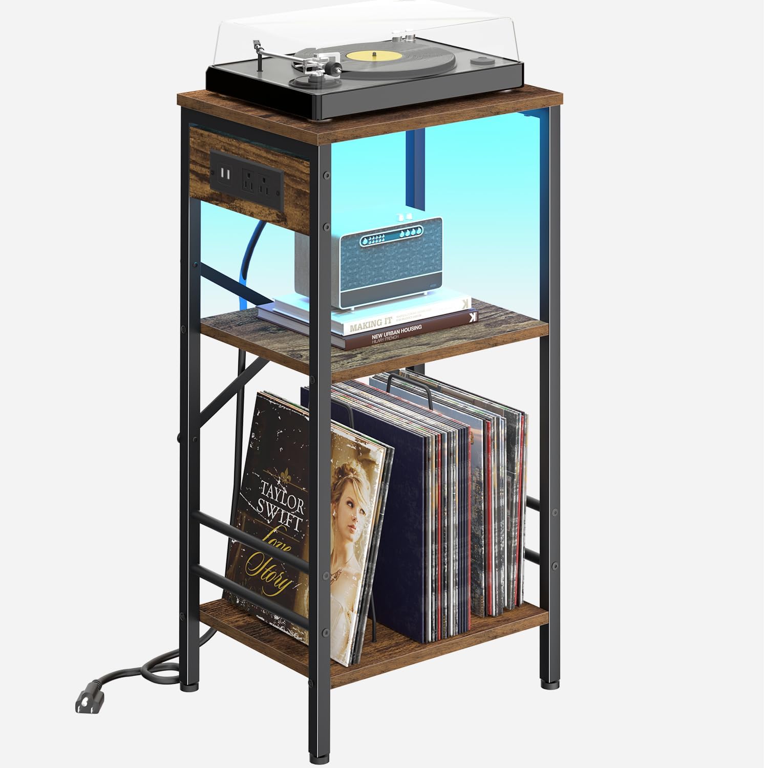 Record Player Stand with Charging Station, 3-Tier Side Table with LED Light, End Table Nightstand for Vinyl Storage, Tall Beside Tables Turntable Stand Living Room,Bedroom