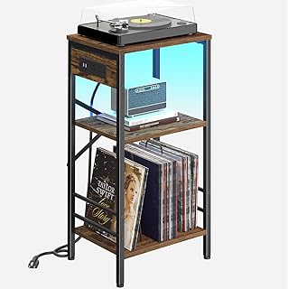 Record Player Stand with Charging Station, 3-Tier Side Table with LED Light, End Table Nightstand for Vinyl Storage, Tall Beside Tables Turntable Stand Living Room，Bedroom