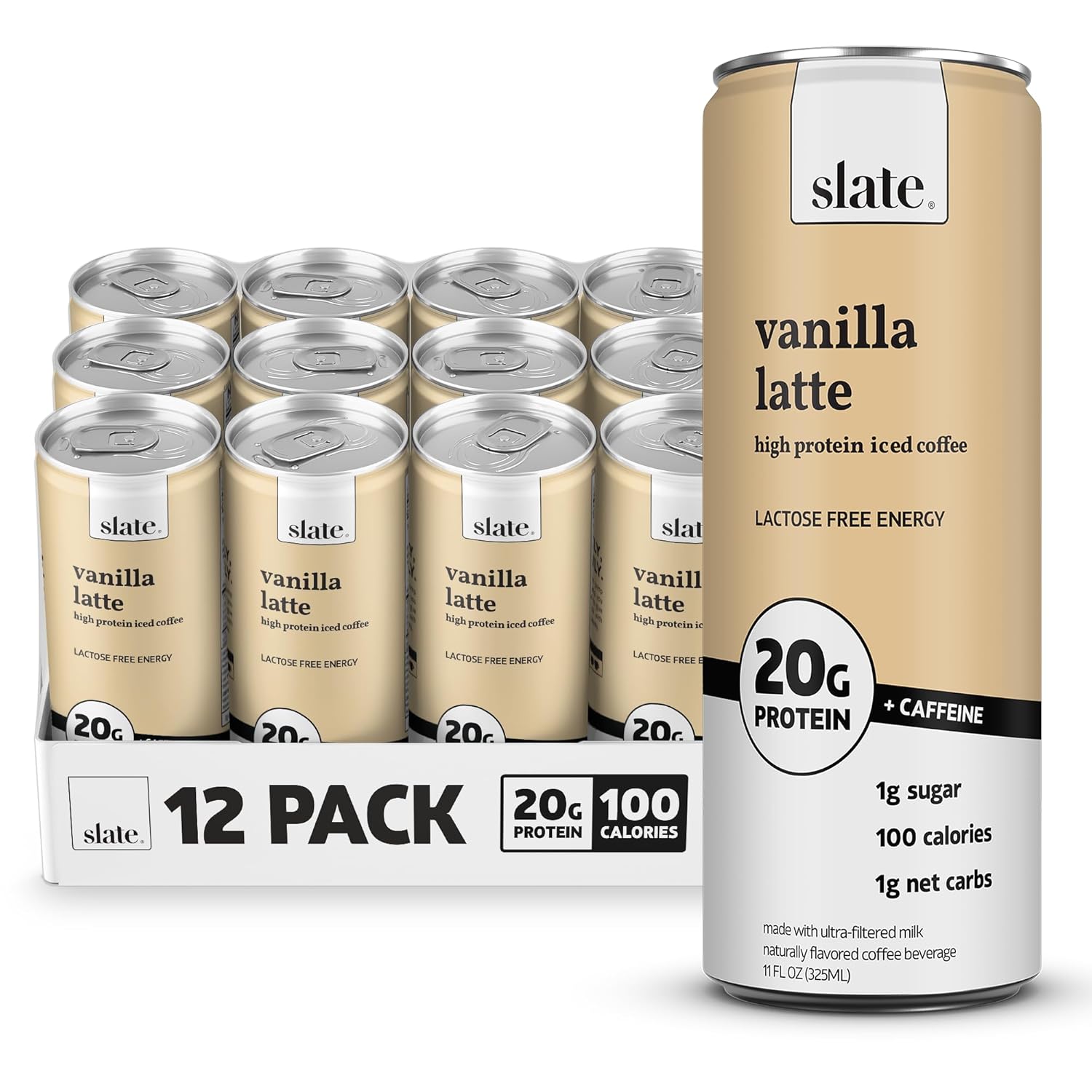 Slate Milk - High Protein Iced Coffee - Vanilla Latte - 175mg Caffeine, Lactose Free Energy - 20g Protein, 1g Sugar, 100 Calories, 1g Net Carbs, No Sugar Added - Protein Coffee - 11 fl oz, 12 Cans