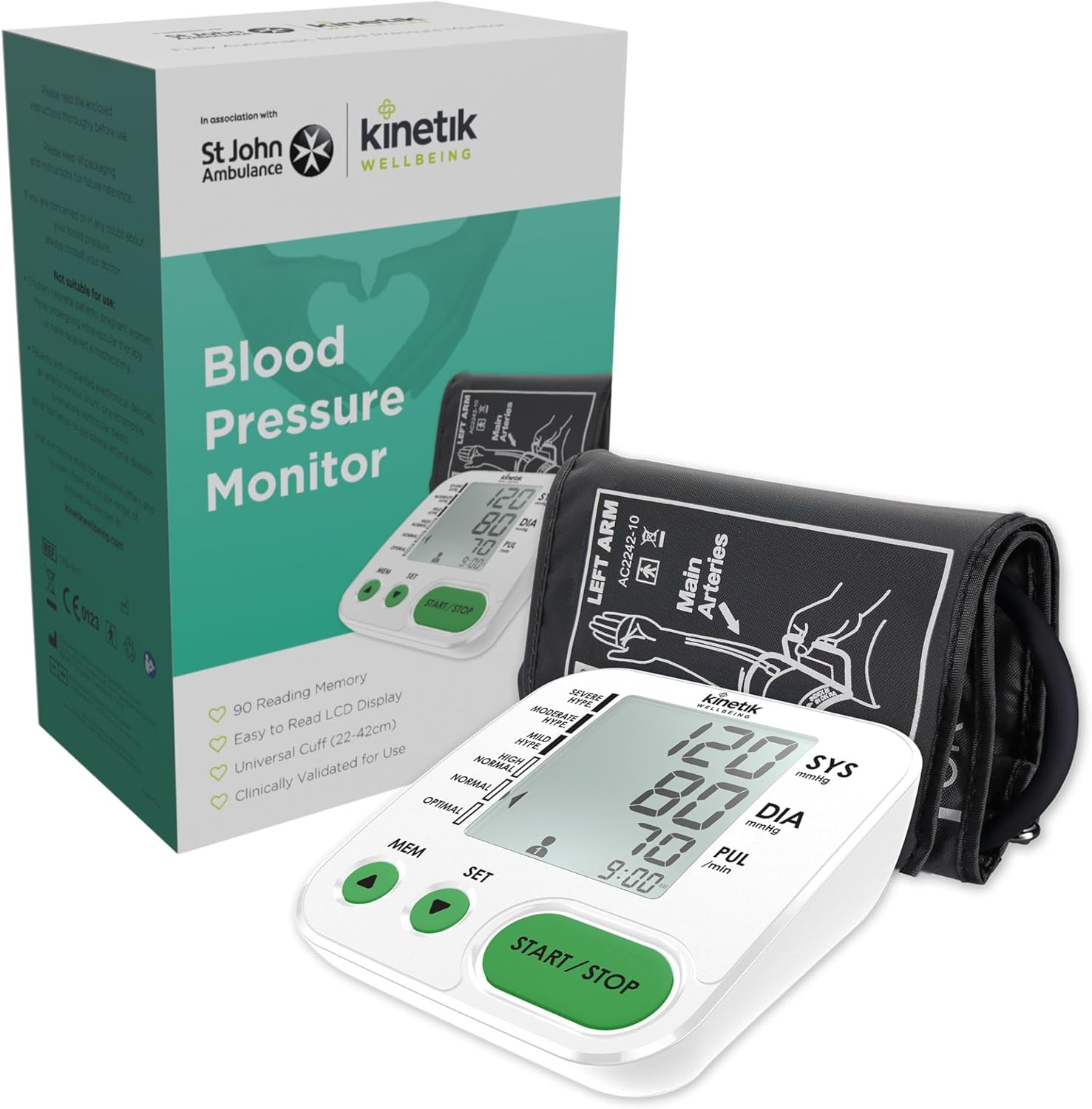 Kinetik Wellbeing Home Use Blood Pressure Monitor - Fully Automatic Upper Arm Blood Pressure Machine with Universal Cuff (22-42cm), Digital Sphygmomanometer Tester Kit