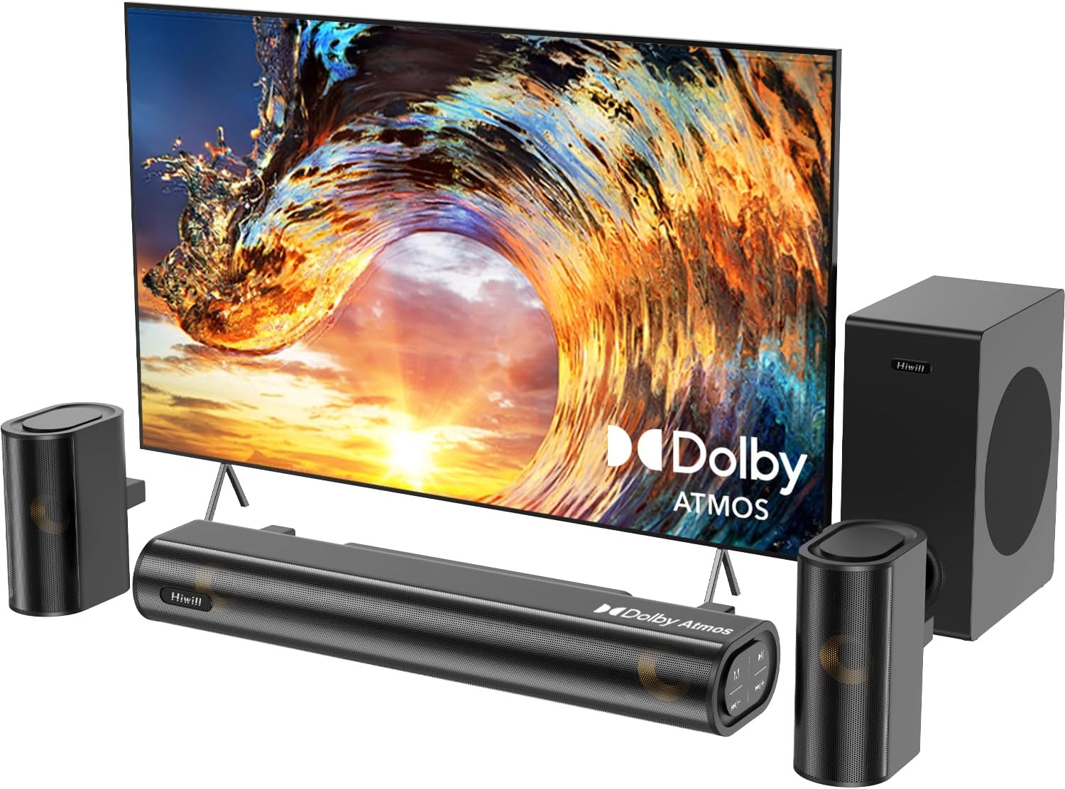 Hiwill 4.1ch Dolby Atmos Soundbar, 300W Sound Bar for TV with Subwoofer, 2 Front Surround Speakers, Soundbar for TV Speaker, Adjustable Bass & Treble, 3D Home Cinema Surround Sound System, HiElite A41